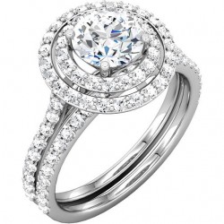 Enchantress Band shown with matching ring, Enchantress Double Halo for Rounds which is available for purchase but not included with the band.
