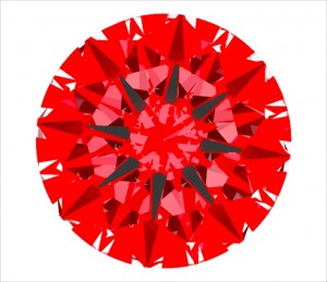 IdealScope Image of actual Forever One "H&A" Moissanite round.  The squat arrows and empty center area are due to the larger table, which is one reason it is not a true "H&A" round.