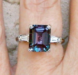 8x10mm emerald cut Avarra Alexandrite in our Timeless Tapered Baguettes setting